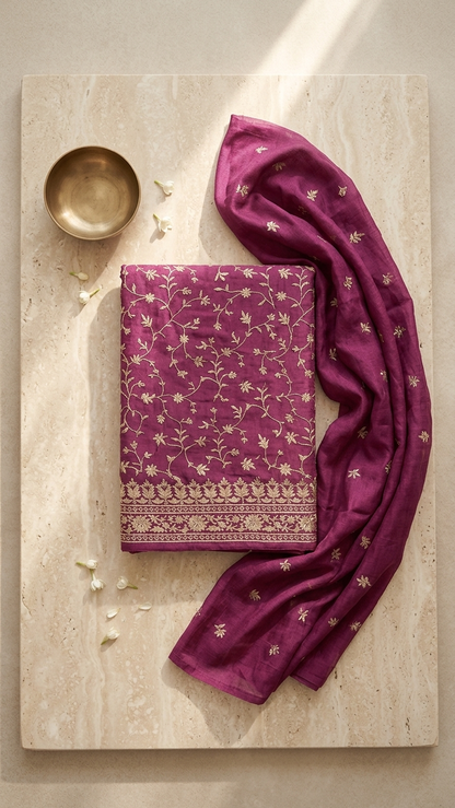 wine magenta silk suit set with Dupatta for Women