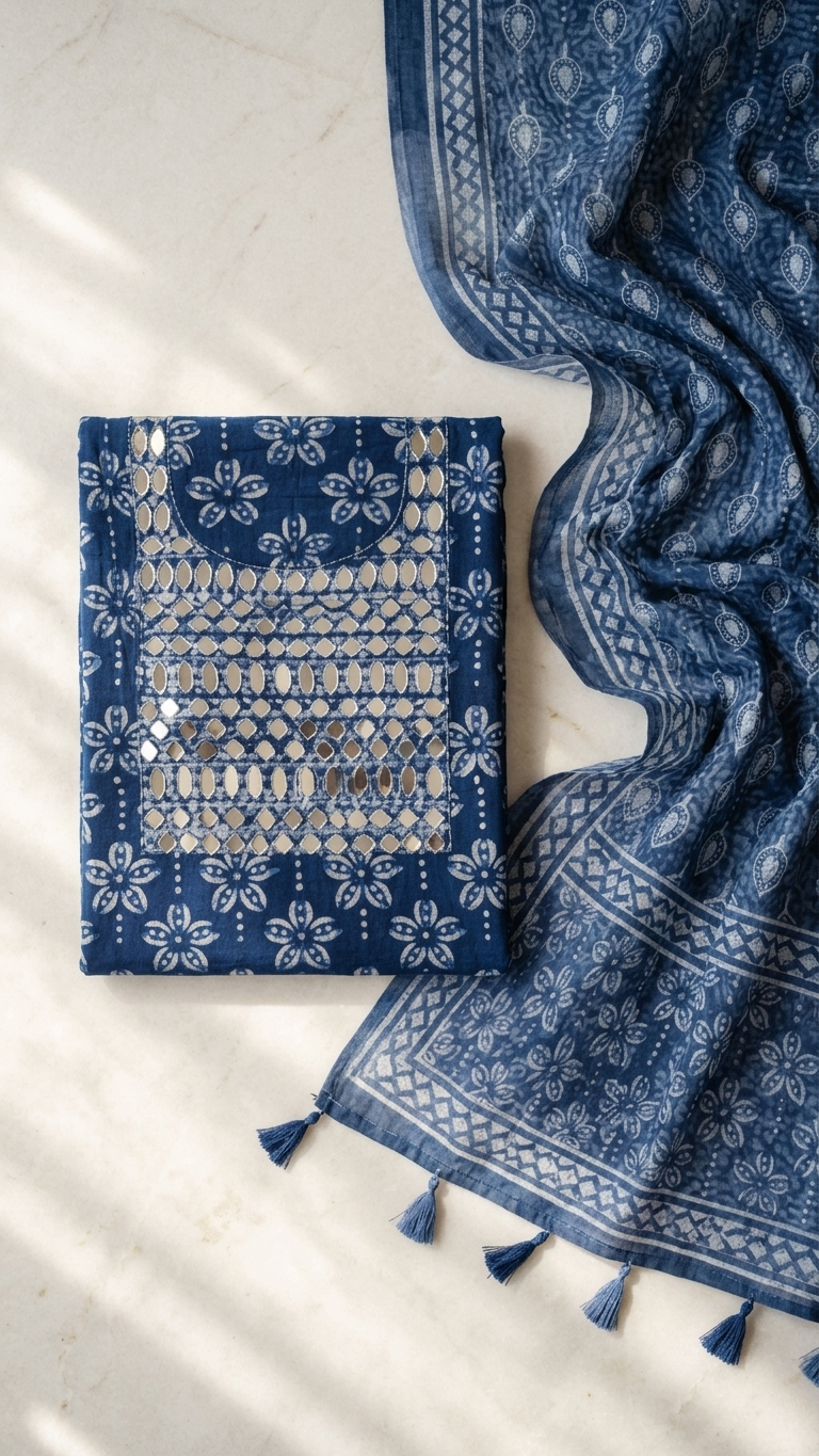 Indigo Cotton Suit Set with Mirror Work Kurta & Printed Dupatta