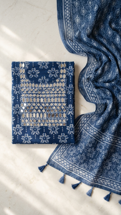 Indigo Cotton Suit Set with Mirror Work Kurta & Printed Dupatta