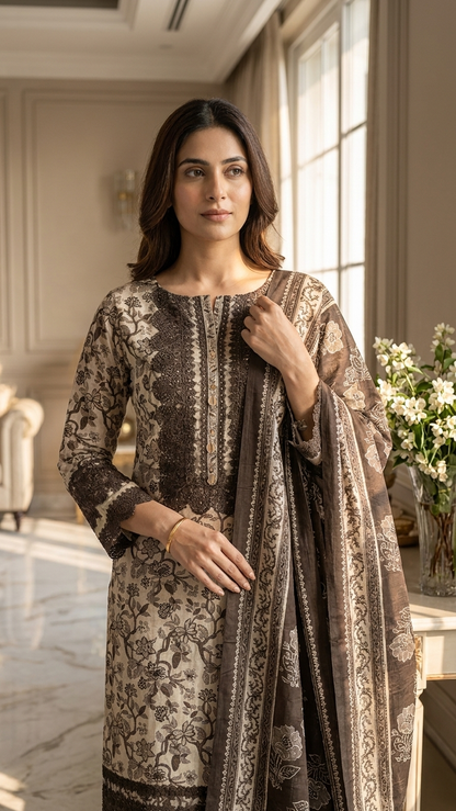 Ivory floral embroidered suit set with Lace Detailing & Dupatta