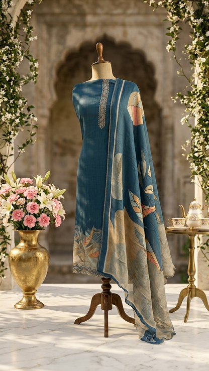 Navy blue muslin suit set with Printed Dupatta for Women