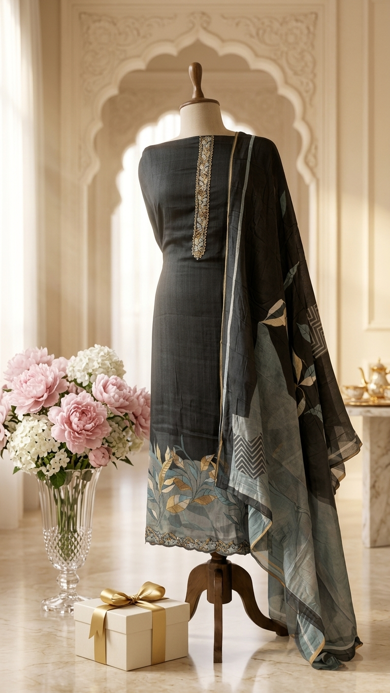 Black muslin suit set with printed dupatta for Women