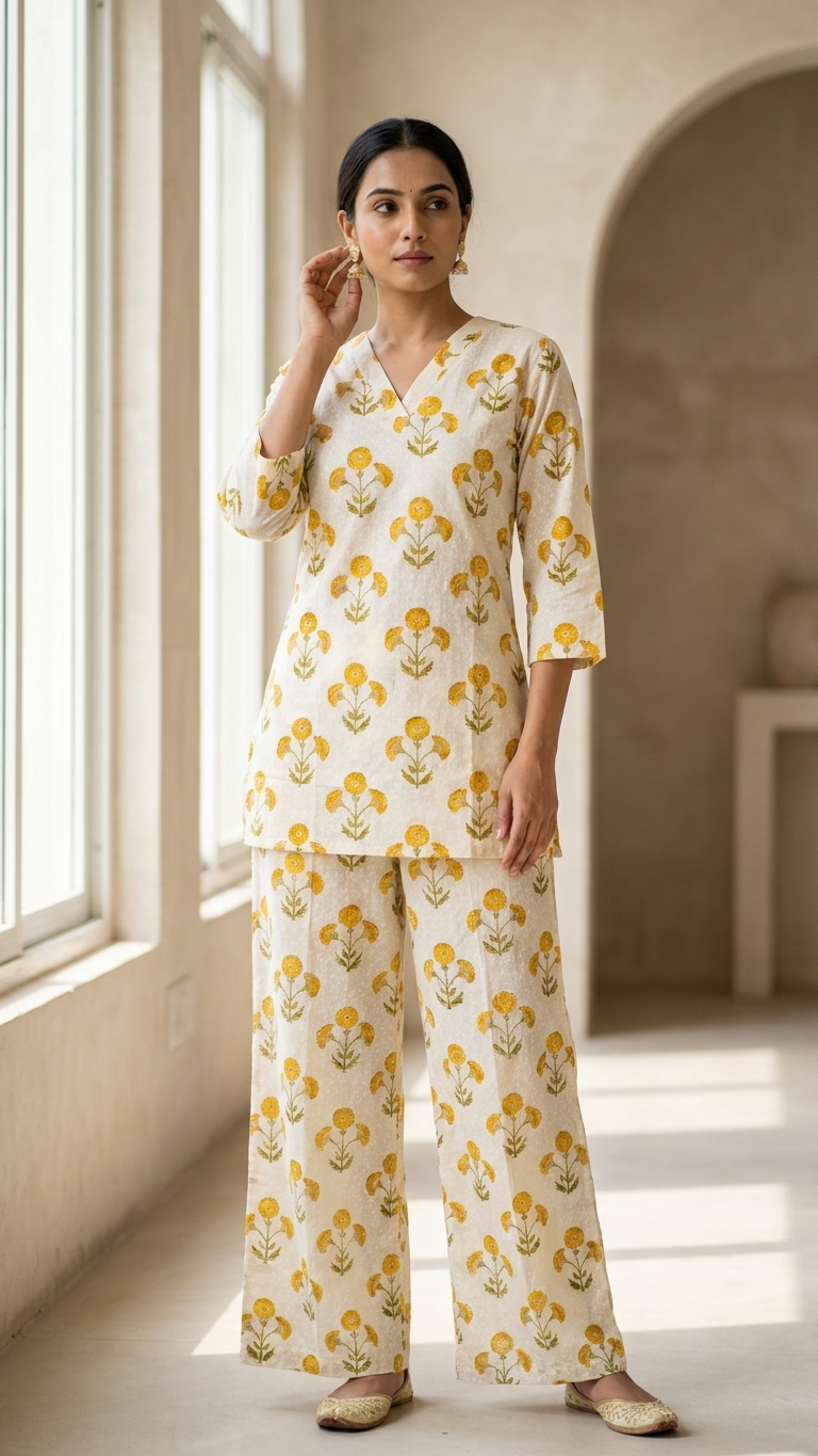 Women's Floral Cotton Co-Ord Set – Premium White Printed Kurta & Palazzo Set