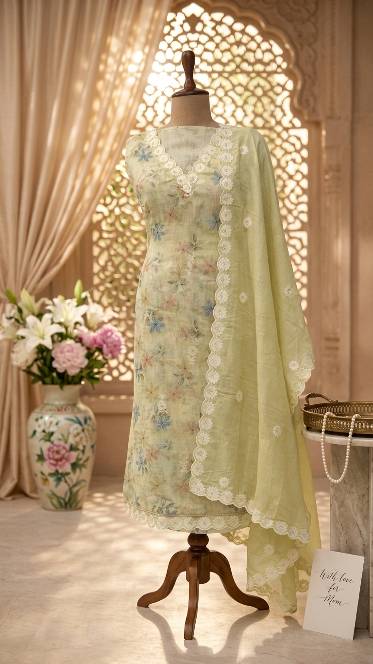 Pistachio green luxury suit set Floral Embroidered with Lace Dupatta