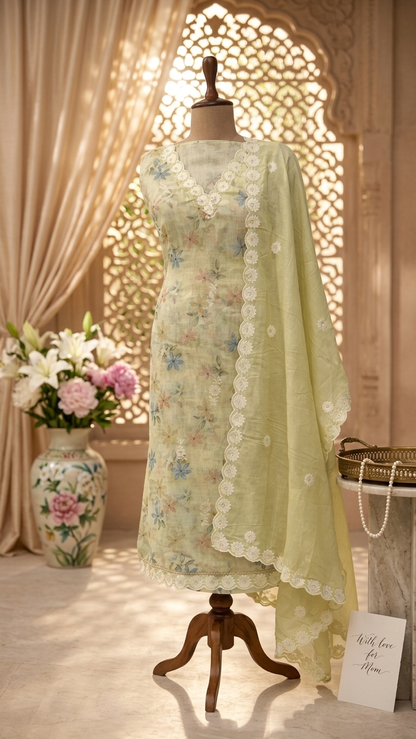 Pistachio green luxury suit set Floral Embroidered with Lace Dupatta