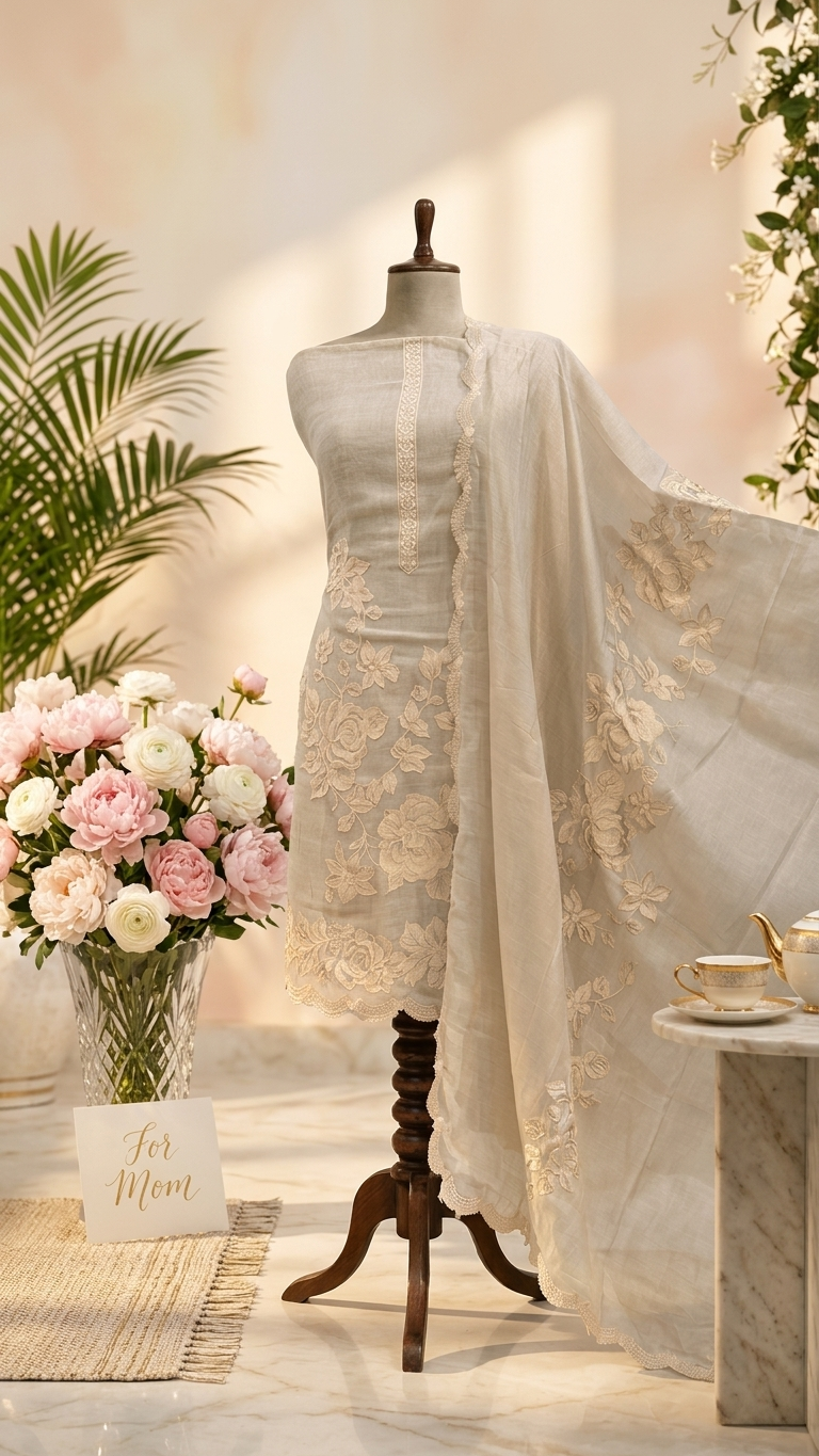 Beige embroidered cotton suit set with Dupatta for Women