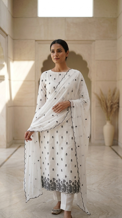 Ivory and black embroidered suit set with Scalloped Dupatta