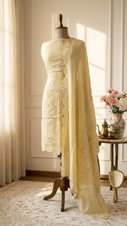 Pastel yellow embroidered cotton suit set with Dupatta for Women