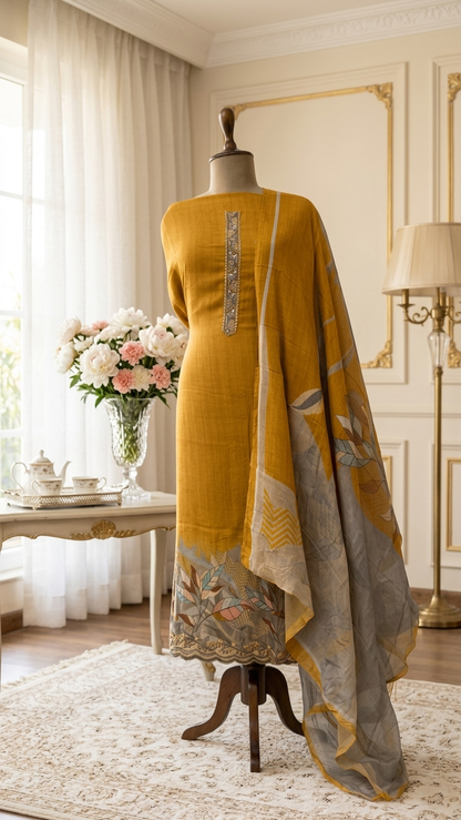 Mustard yellow suit set with Printed Dupatta for Women