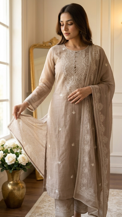 Mocha brown embroidered lawn suit with Dupatta
