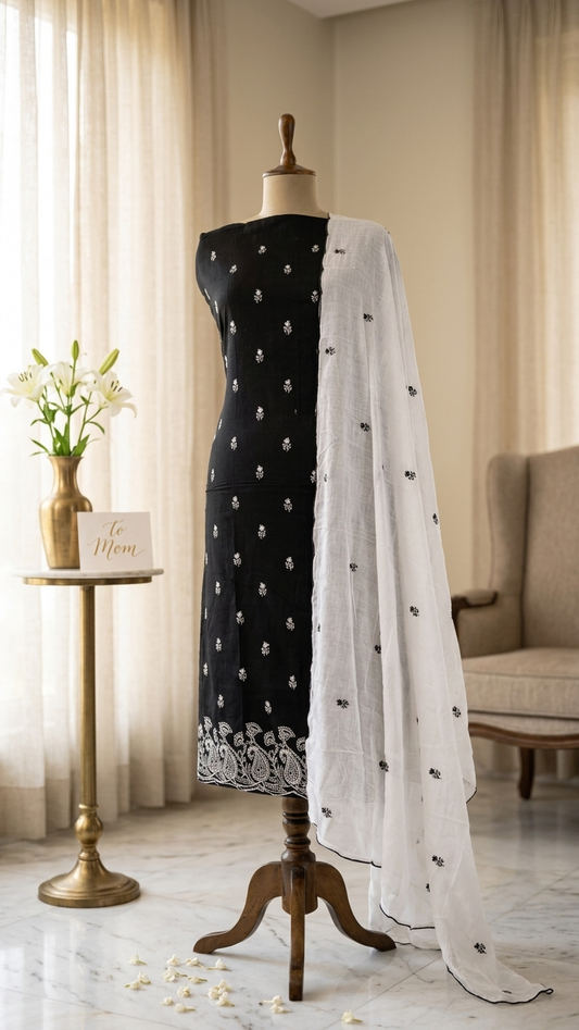 Black cotton suit set with embroidered dupatta for Women