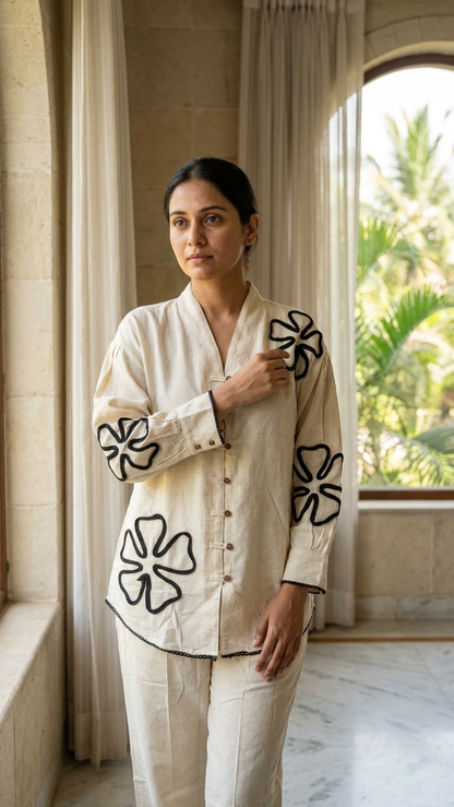 Premium Cotton Blend Co-Ord Set for Women | Off-White Floral Appliqué Lounge & Resort Wear Set