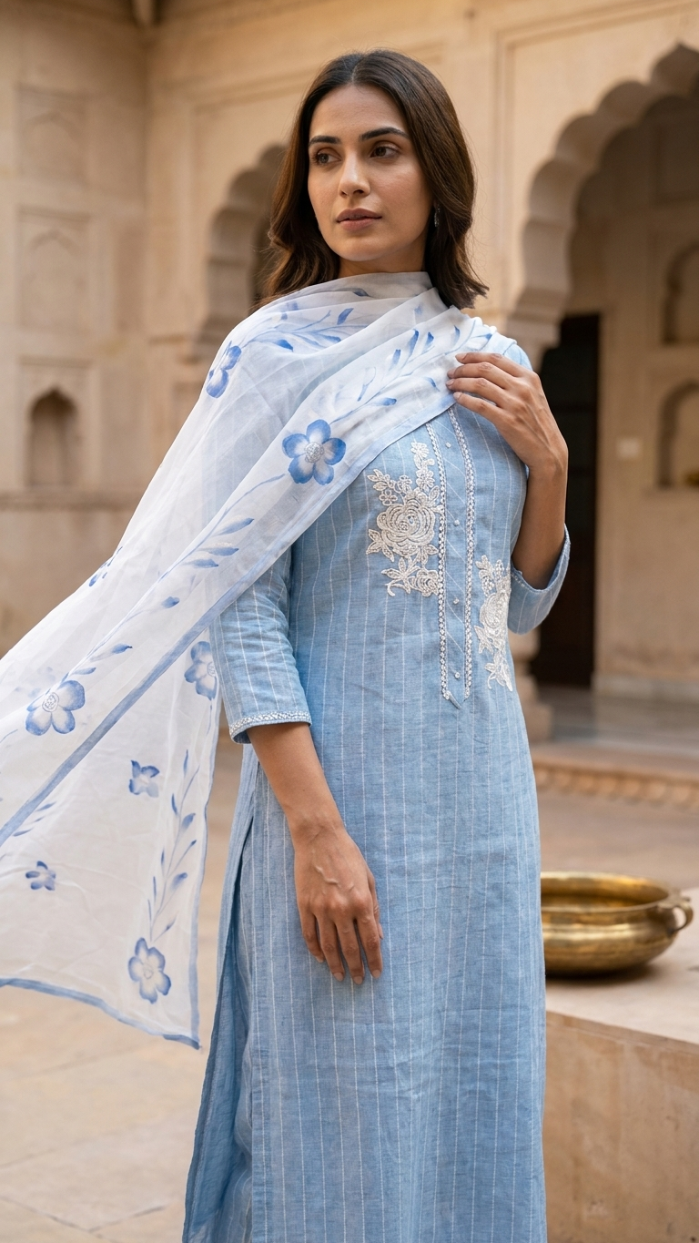 Sky blue ethnic suit set with Printed Dupatta