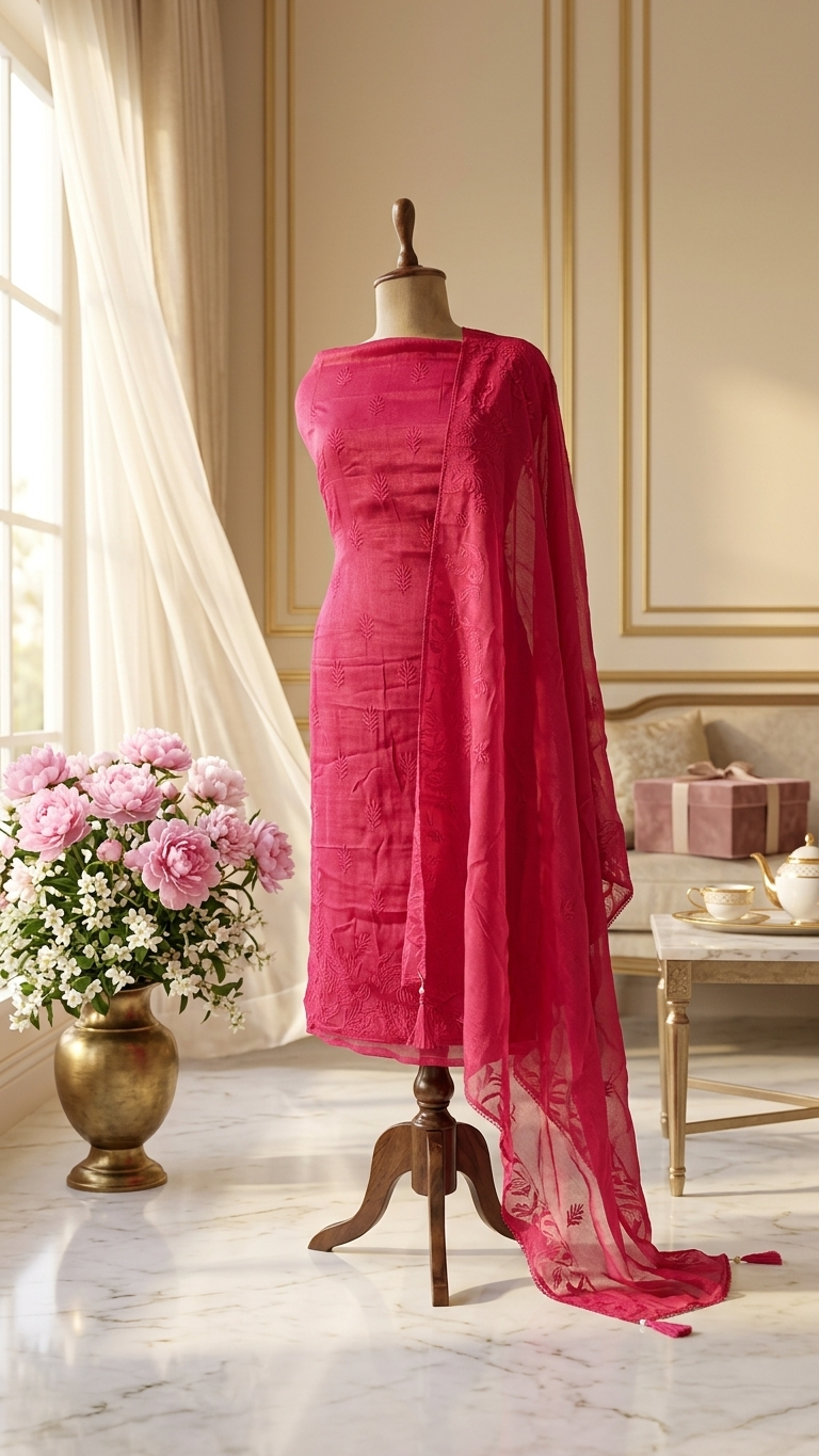 Elegant rani pink suit set with Sheer Dupatta for Women