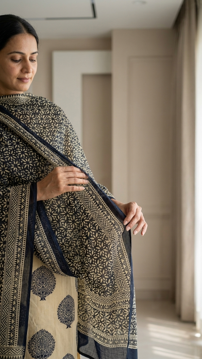 Women's Unstitched Cotton Blend Suit Set with Printed Dupatta | Premium Ethnic Dress Material