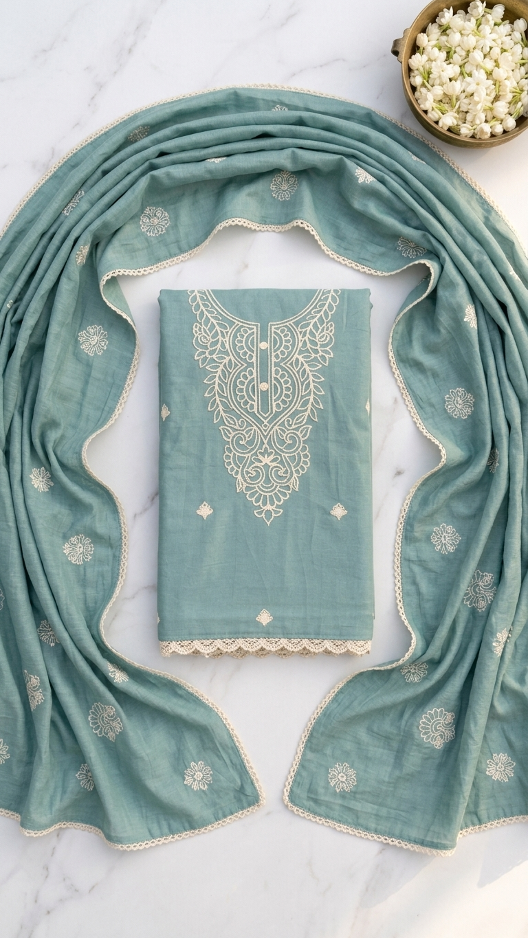 Mint green embroidered cotton suit set with Dupatta for Women