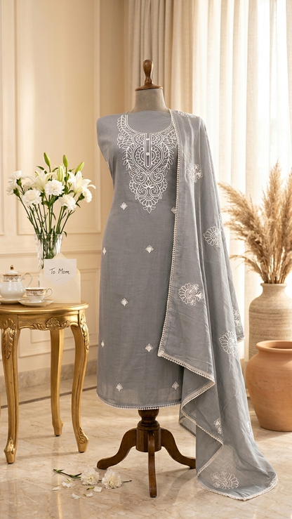 Grey embroidered cotton suit set with Dupatta for Women