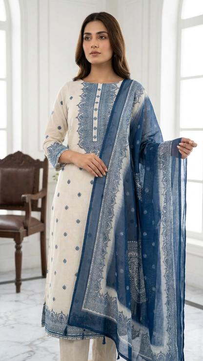 Ivory blue floral ethnic suit set with Designer Dupatta
