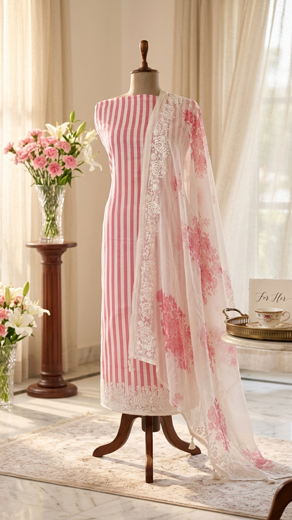 Pink ivory striped ethnic suit set with Floral Dupatta