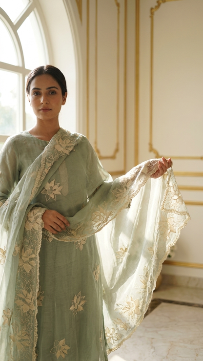 Mint green embroidered lawn suit with Dupatta