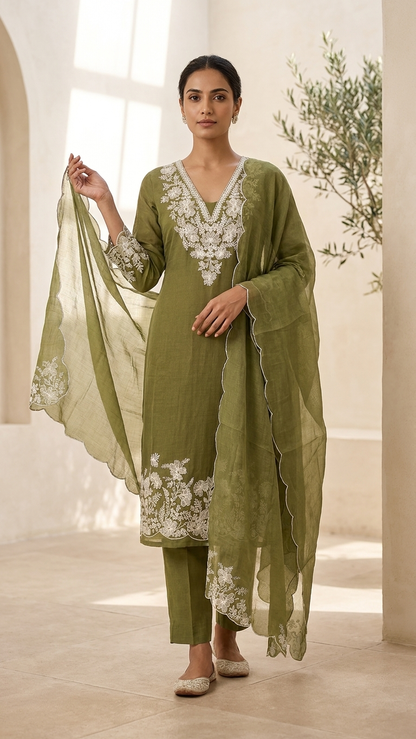 Olive green embroidered suit with Dupatta