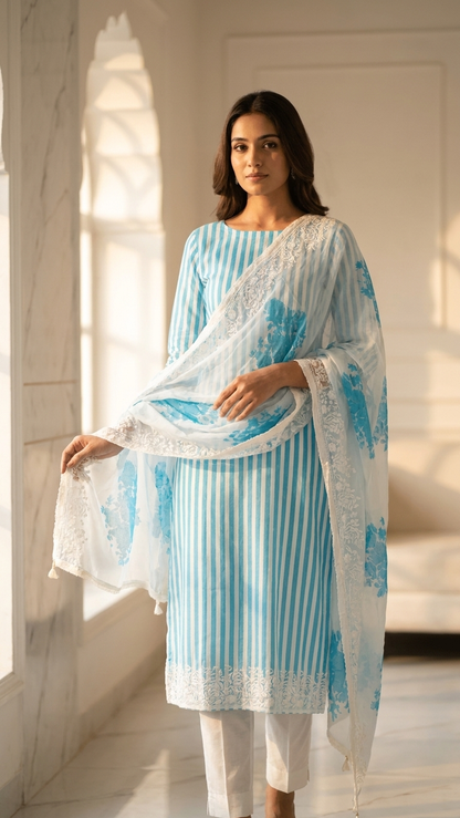 Aqua Blue Striped Embroidered Suit Set with Floral Dupatta