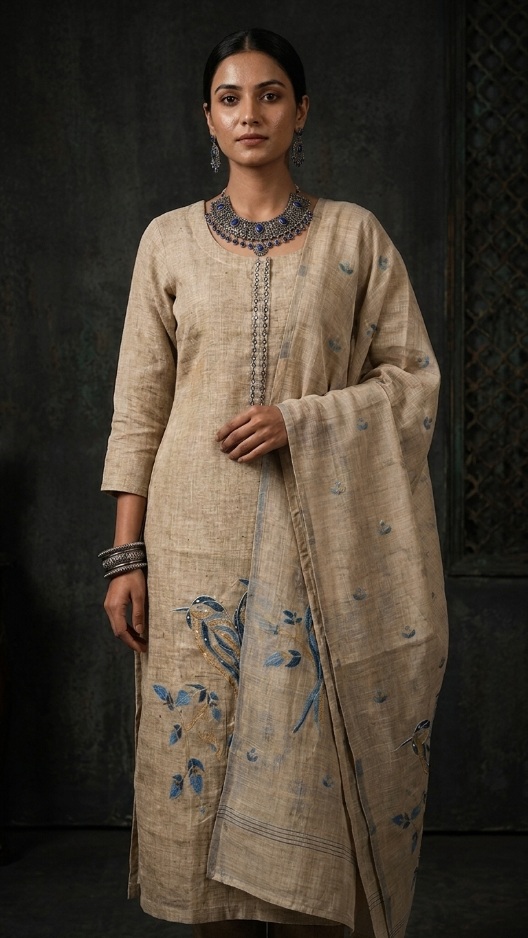 Beige handcrafted suit set with Mirror Work Neckline