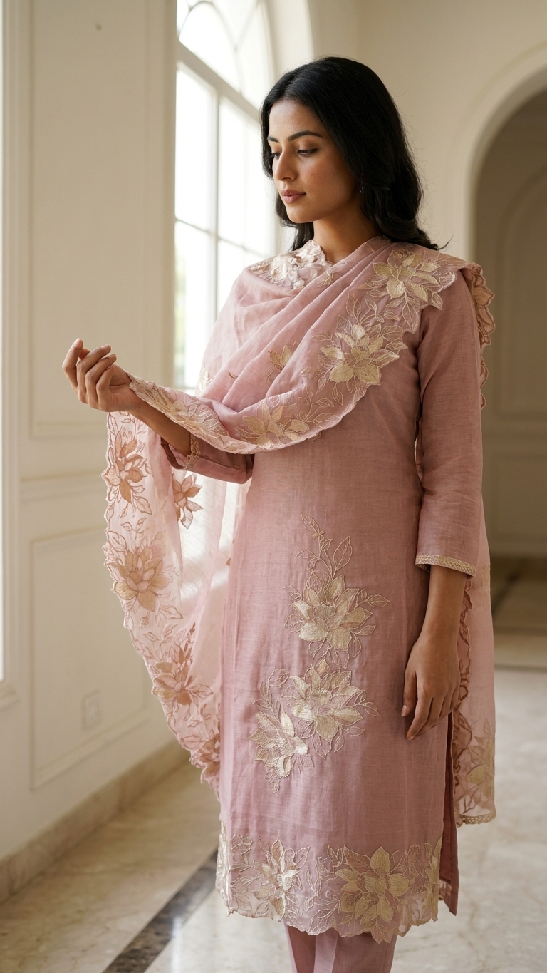 Dusty Rose Floral Embroidered Suit Set with Dupatta