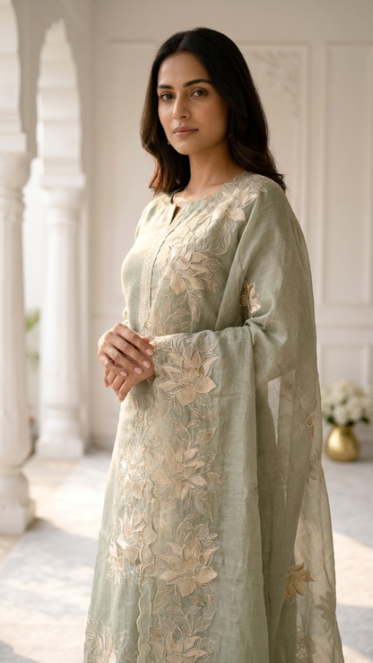 Elegant floral embroidered suit set with Dupatta