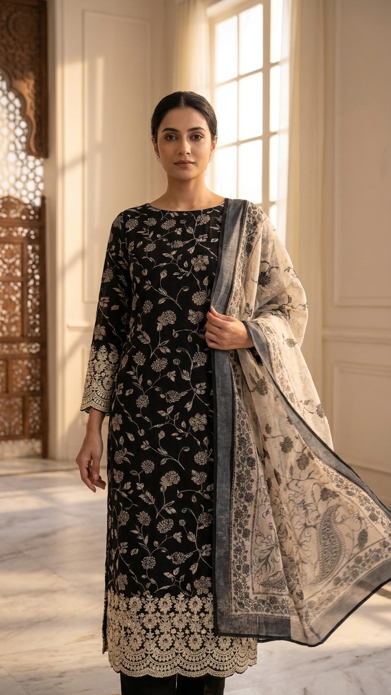 Black and ivory ethnic suit set with Designer Dupatta