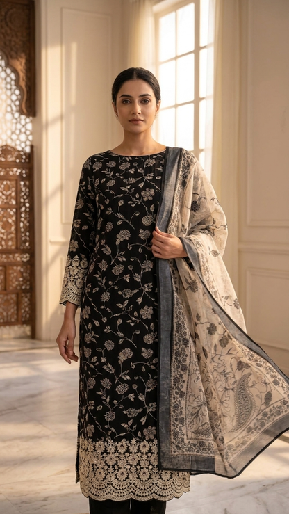 Black and ivory ethnic suit set with Designer Dupatta