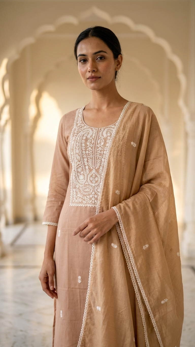 Caramel brown embroidered suit with Dupatta