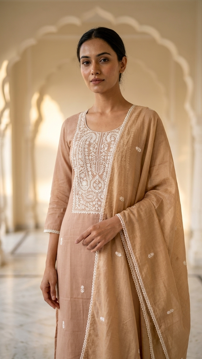 Caramel brown embroidered suit with Dupatta