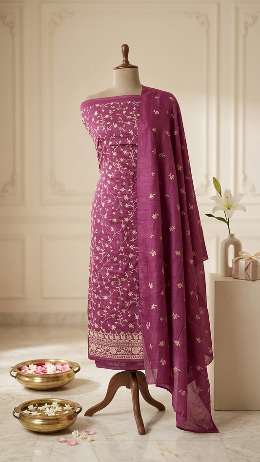 wine magenta silk suit set with Dupatta for Women