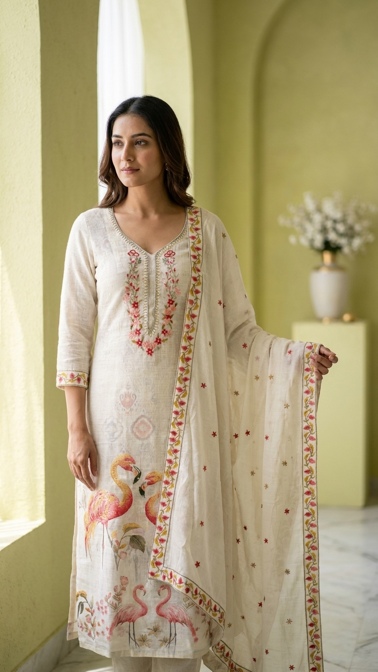 Ivory flamingo print suit set with Embroidered Neckline & Dupatta