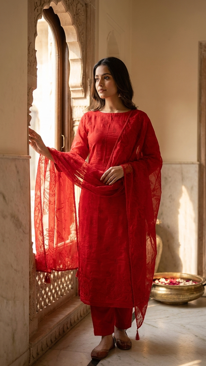 Vermilion red embroidered suit set with Peacock Motif & Dupatta