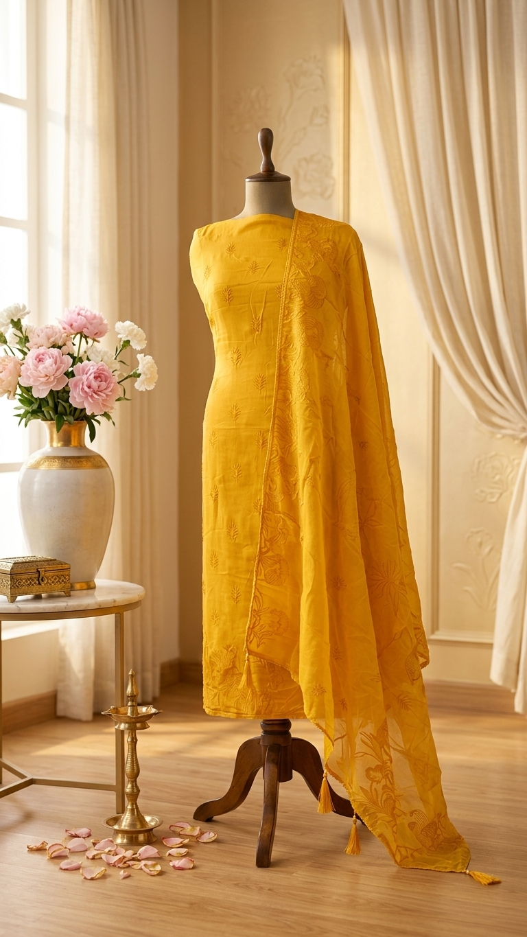 Mustard yellow embroidered suit set with Peacock Motif & Dupatta