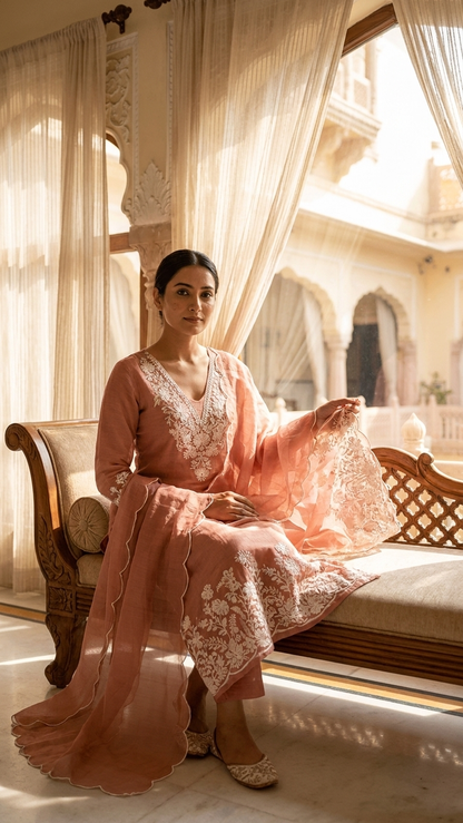 Blush Pink Suit Set with Handcrafted White Floral Embroidery & Dupatta