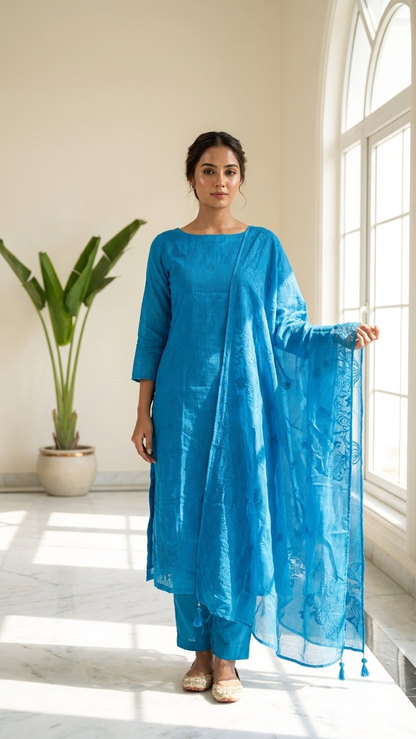 Teal Blue Suit Set with Dupatta for Women