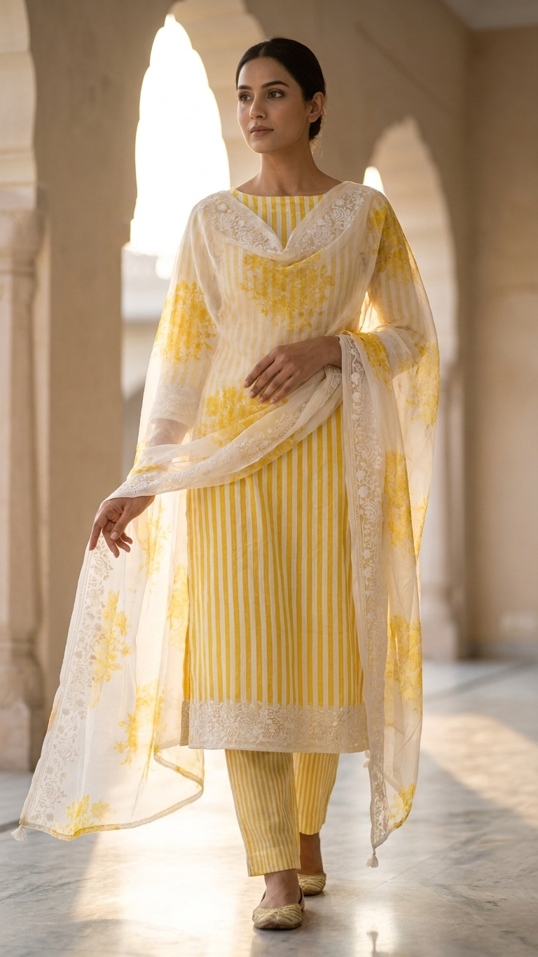 yellow striped embroidered suit set