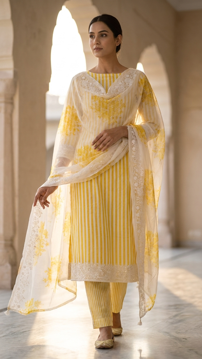 yellow striped embroidered suit set