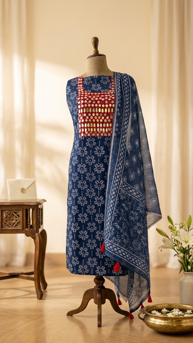 Indigo blue handblock print suit set with Mirror Work Neckline