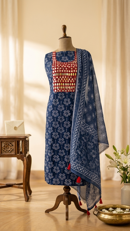 Indigo blue handblock print suit set with Mirror Work Neckline