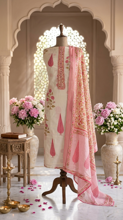 Cream pink embroidered ethnic suit set with Designer Dupatta
