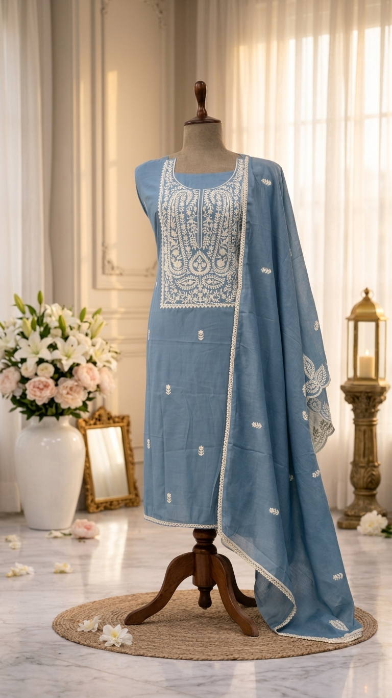 Dusty blue embroidered suit with Dupatta