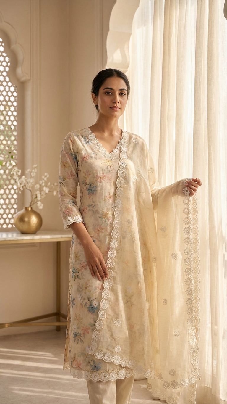 Beige floral embroidered suit set with Lace Dupatta