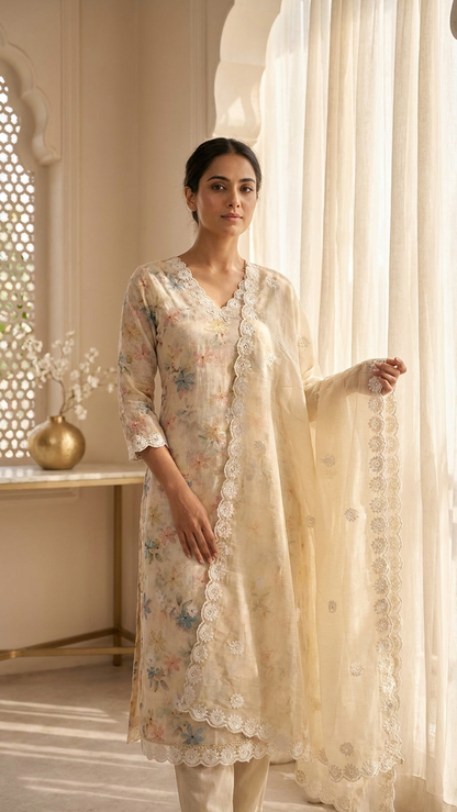 Beige floral embroidered suit set with Lace Dupatta