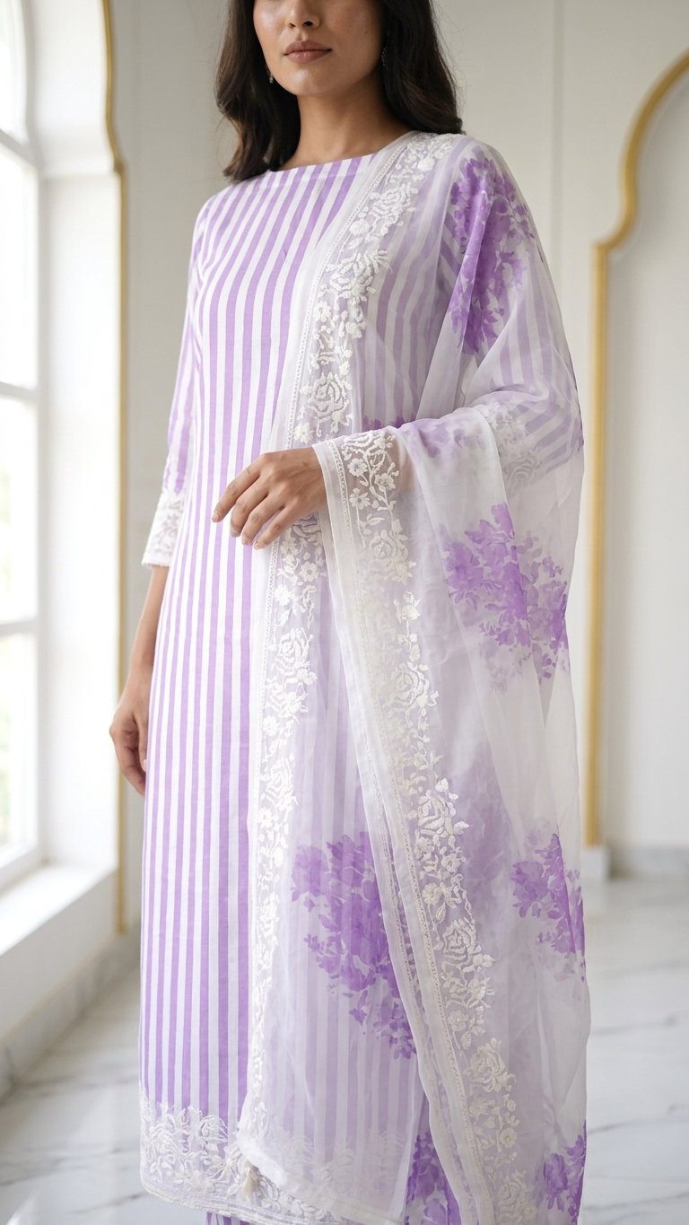 Lavender embroidered salwar suit set with Floral Dupatta