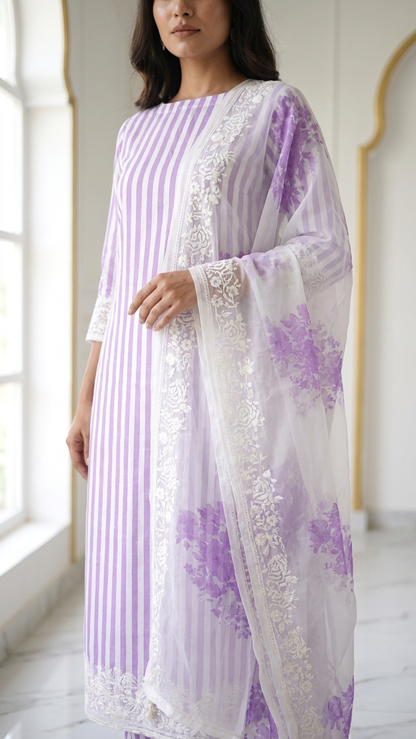 Lavender embroidered salwar suit set with Floral Dupatta