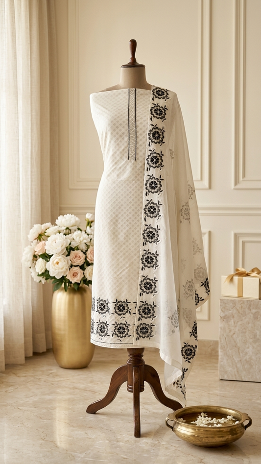 Elegant ivory cotton suit set with Black Floral Embroidery